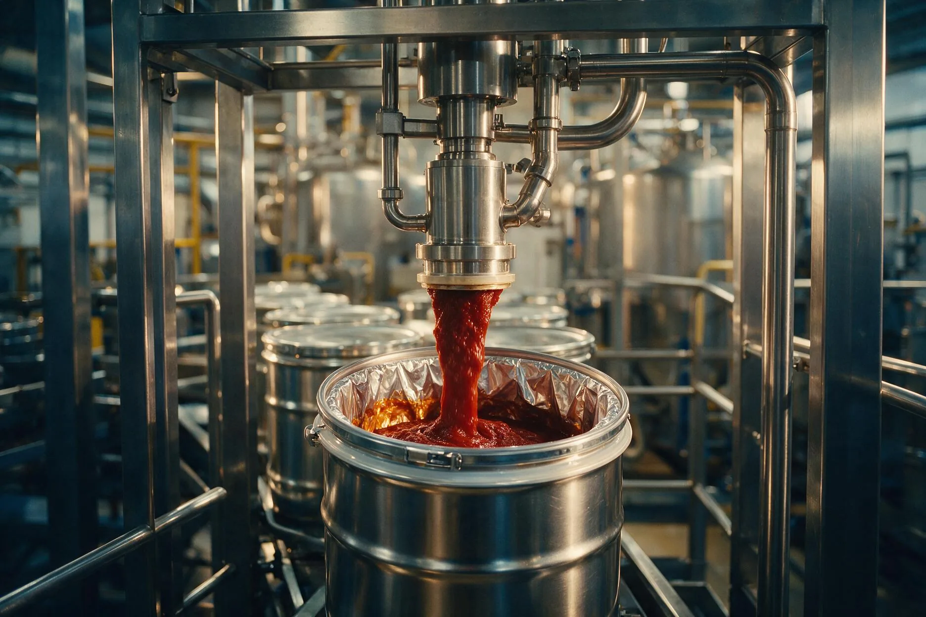 The chilli concentrate line filling into aseptic drums