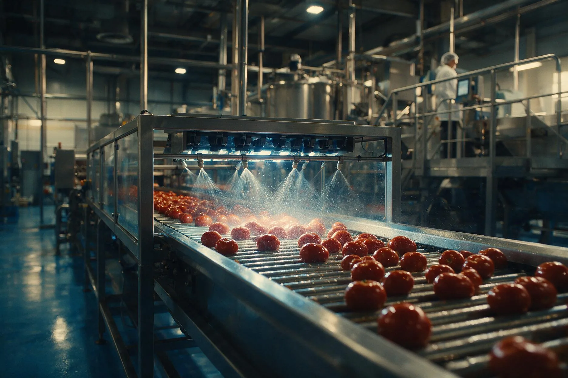 Tomatoes on the sorting conveyor at intake, under wash spray