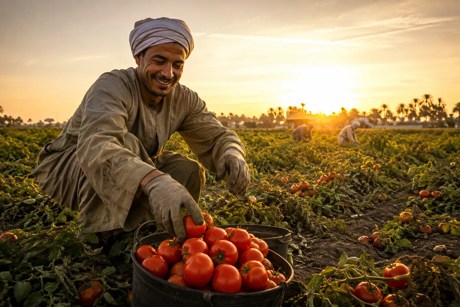 Egyptian grower harvesting tomatoes at sunset