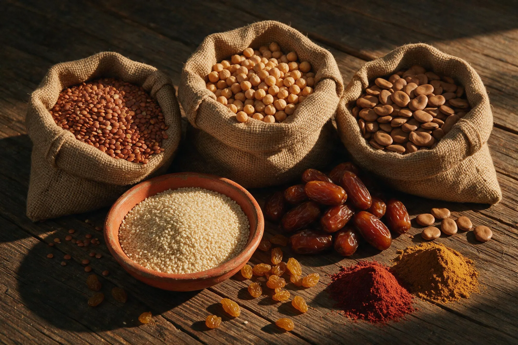 Burlap sacks of lentils, chickpeas and fava beans beside sesame seeds, dates, raisins and ground spices