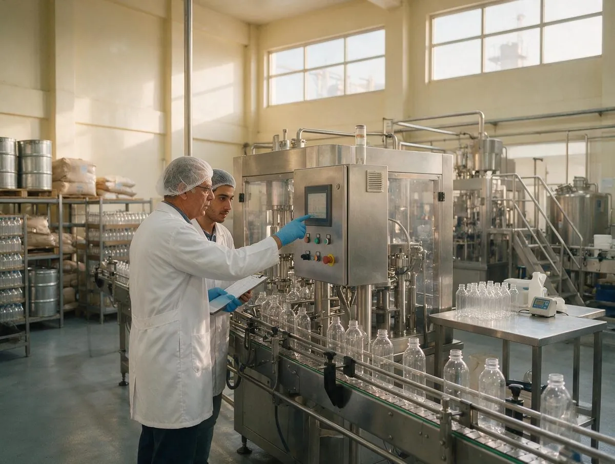 A senior process engineer showing a trainee the controls on an aseptic filling line