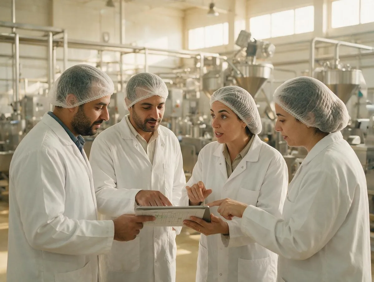 Production, quality and logistics colleagues reviewing the day's plan together on the factory floor