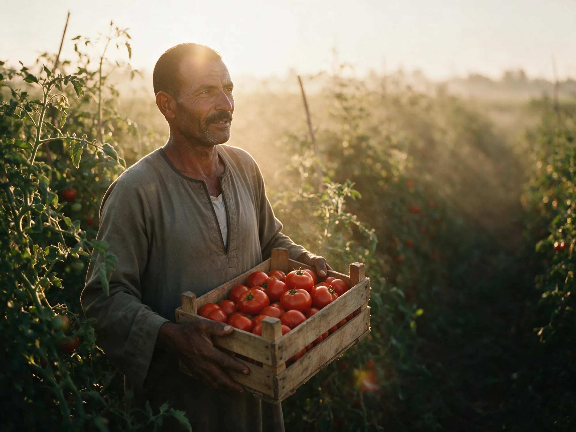 An Egyptian grower standing among the tomato plants at sunrise, holding a crate of freshly picked fruit