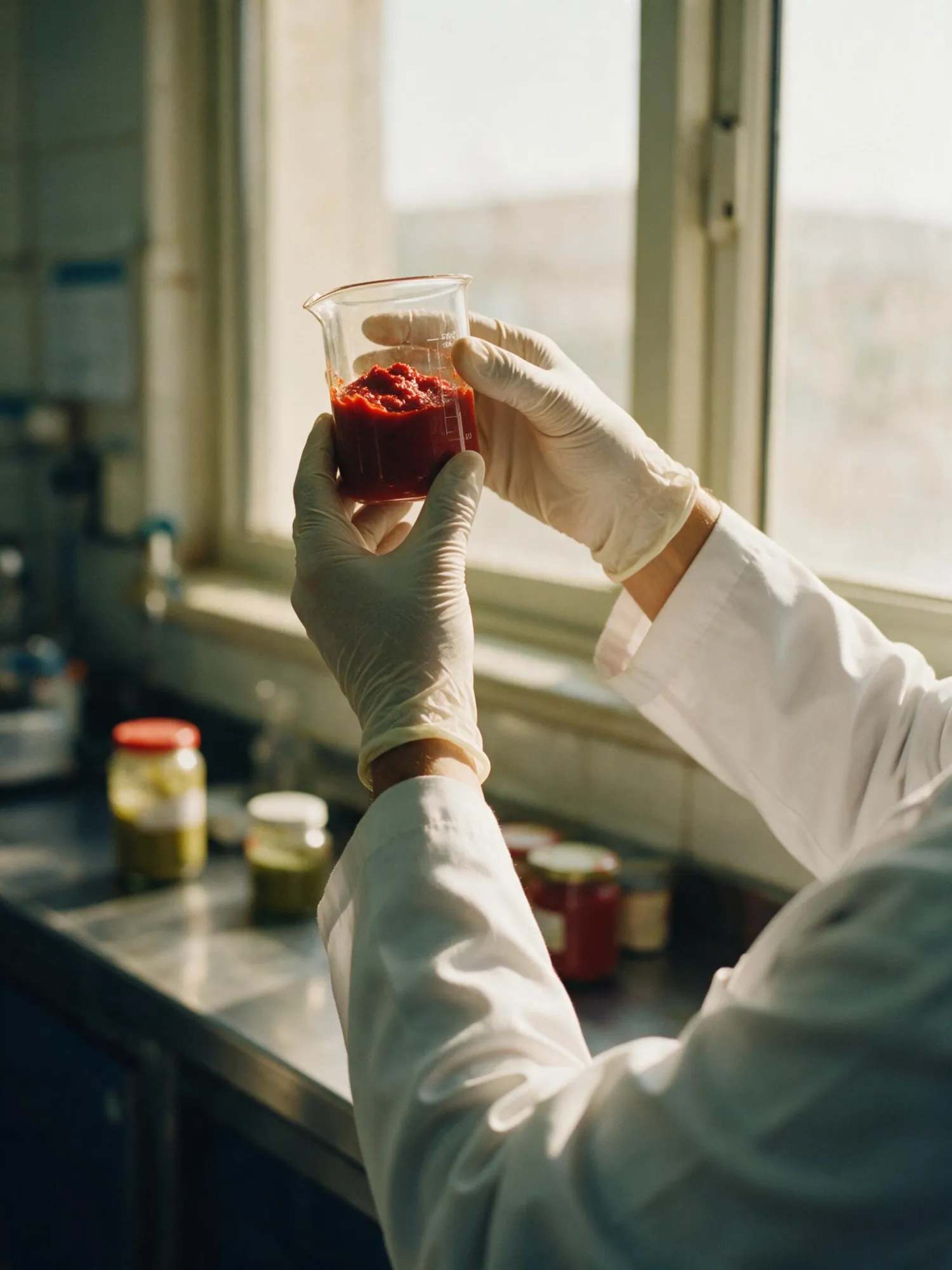 A food technologist holding a beaker of tomato concentrate up to the window light in the quality lab