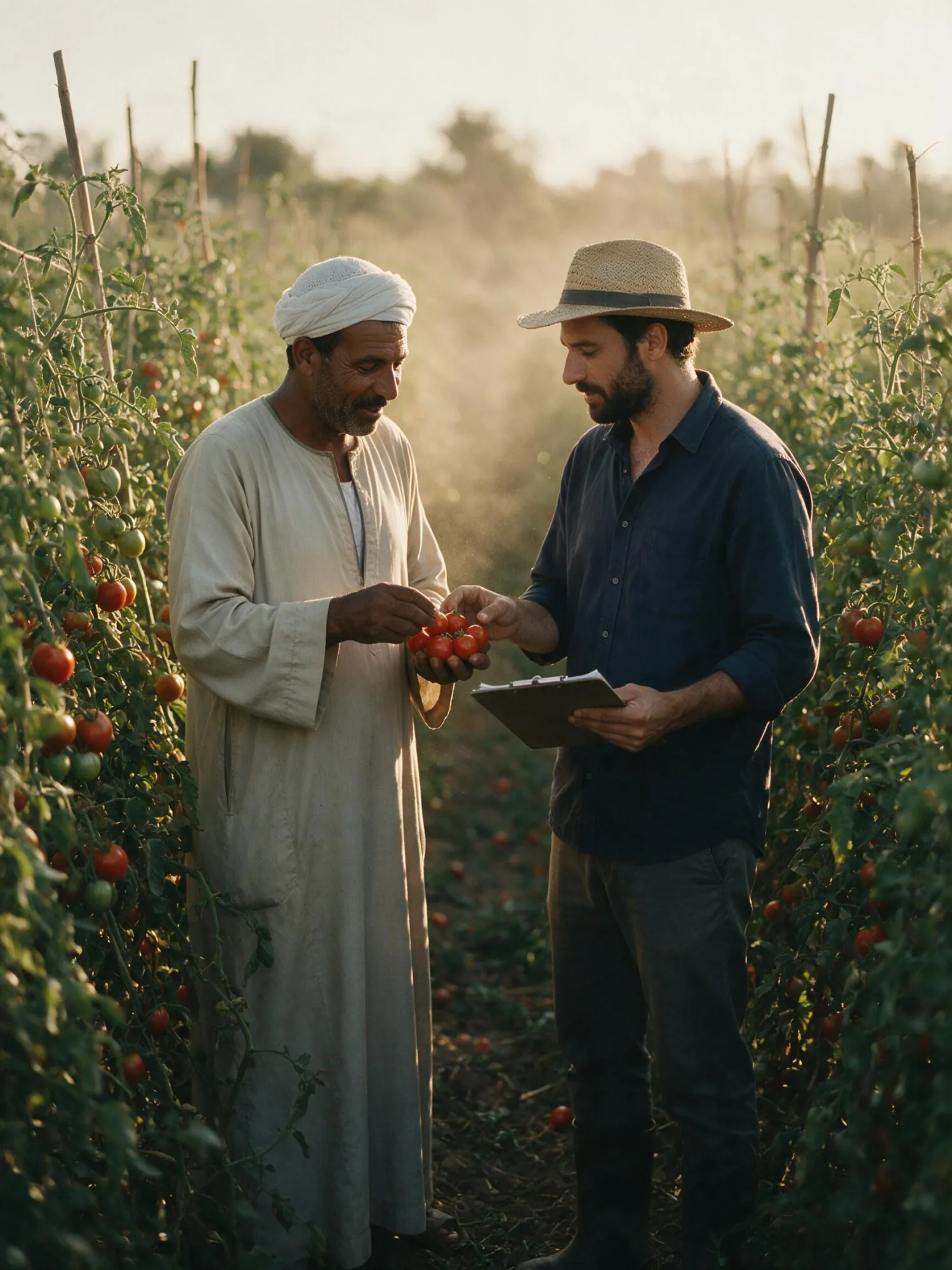 A grower and an agronomist inspecting ripe tomatoes together between the vines at golden hour