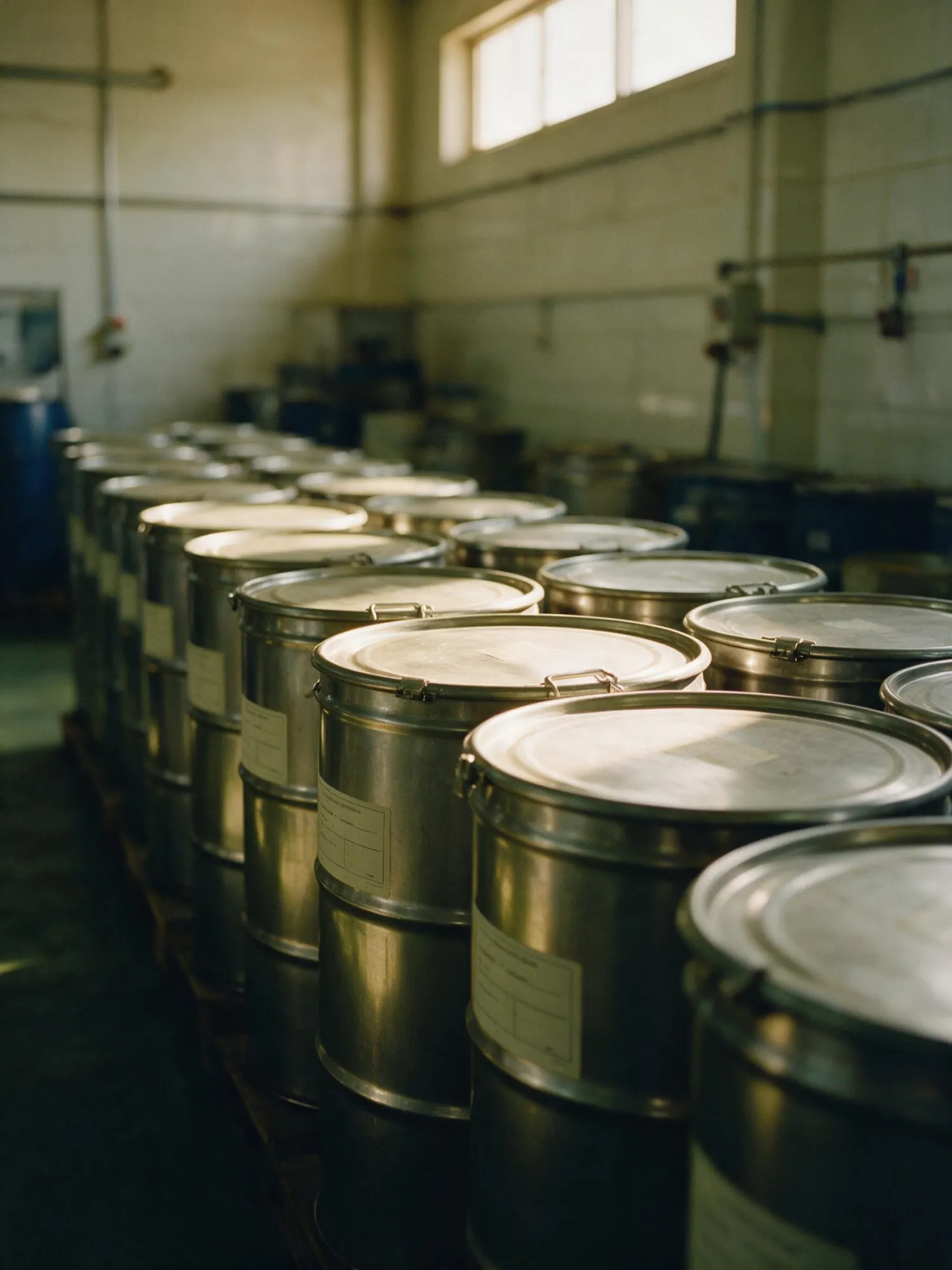 A row of sealed aseptic drums lined up under daylight in the finished goods warehouse