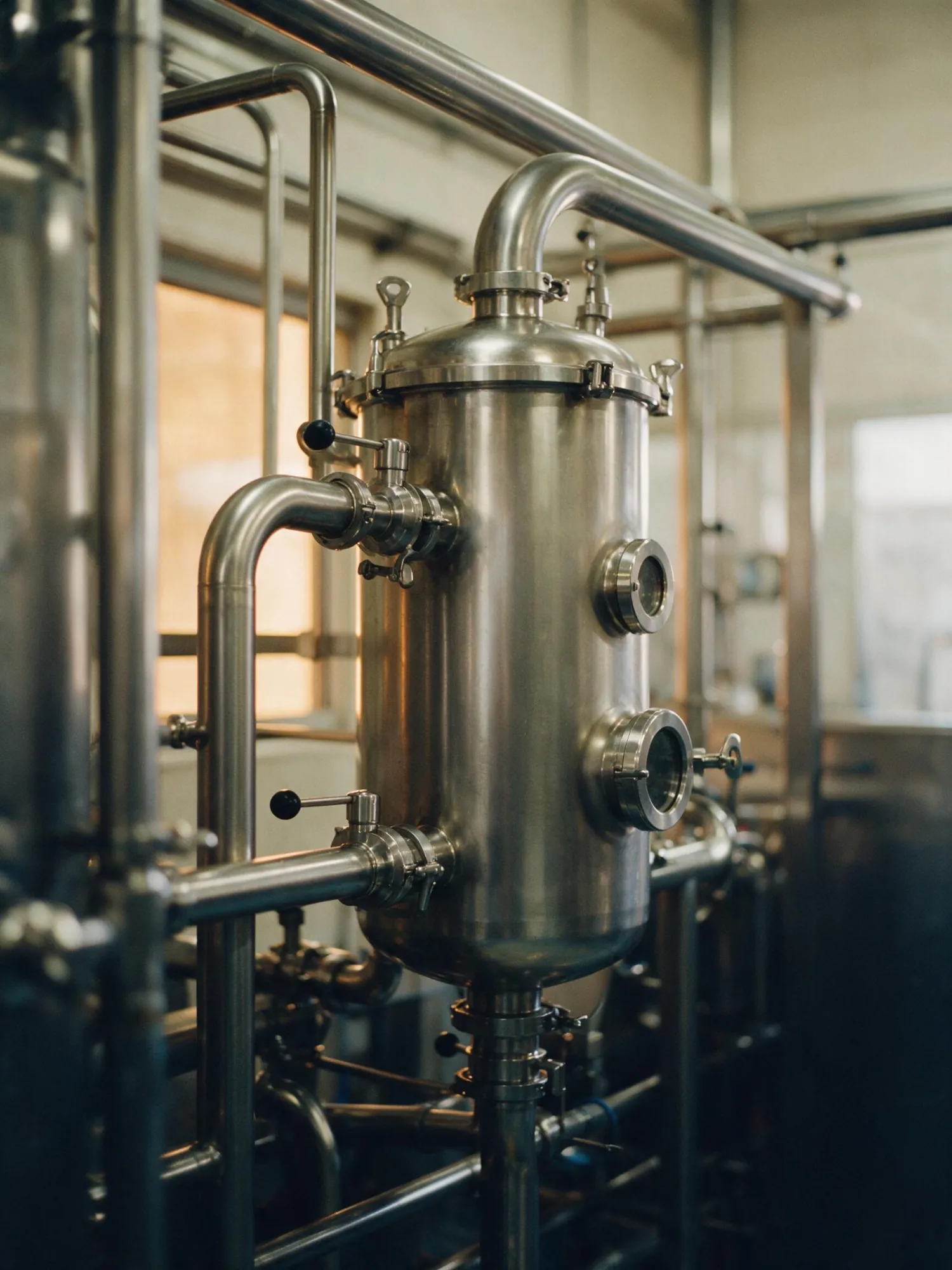 Polished stainless pipework and sanitary valves on the aseptic processing line