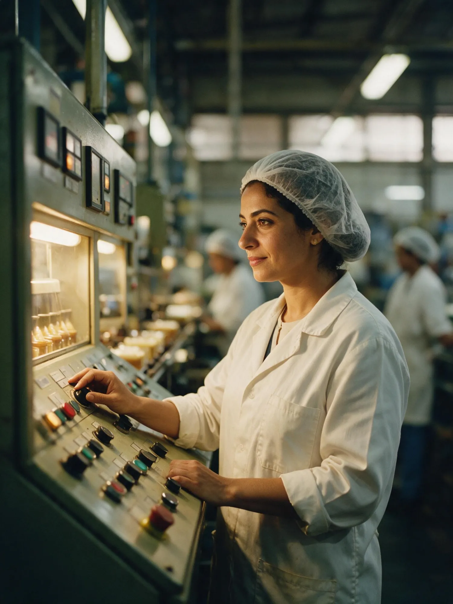 A process operator in factory whites at the illuminated control panel, watching the line