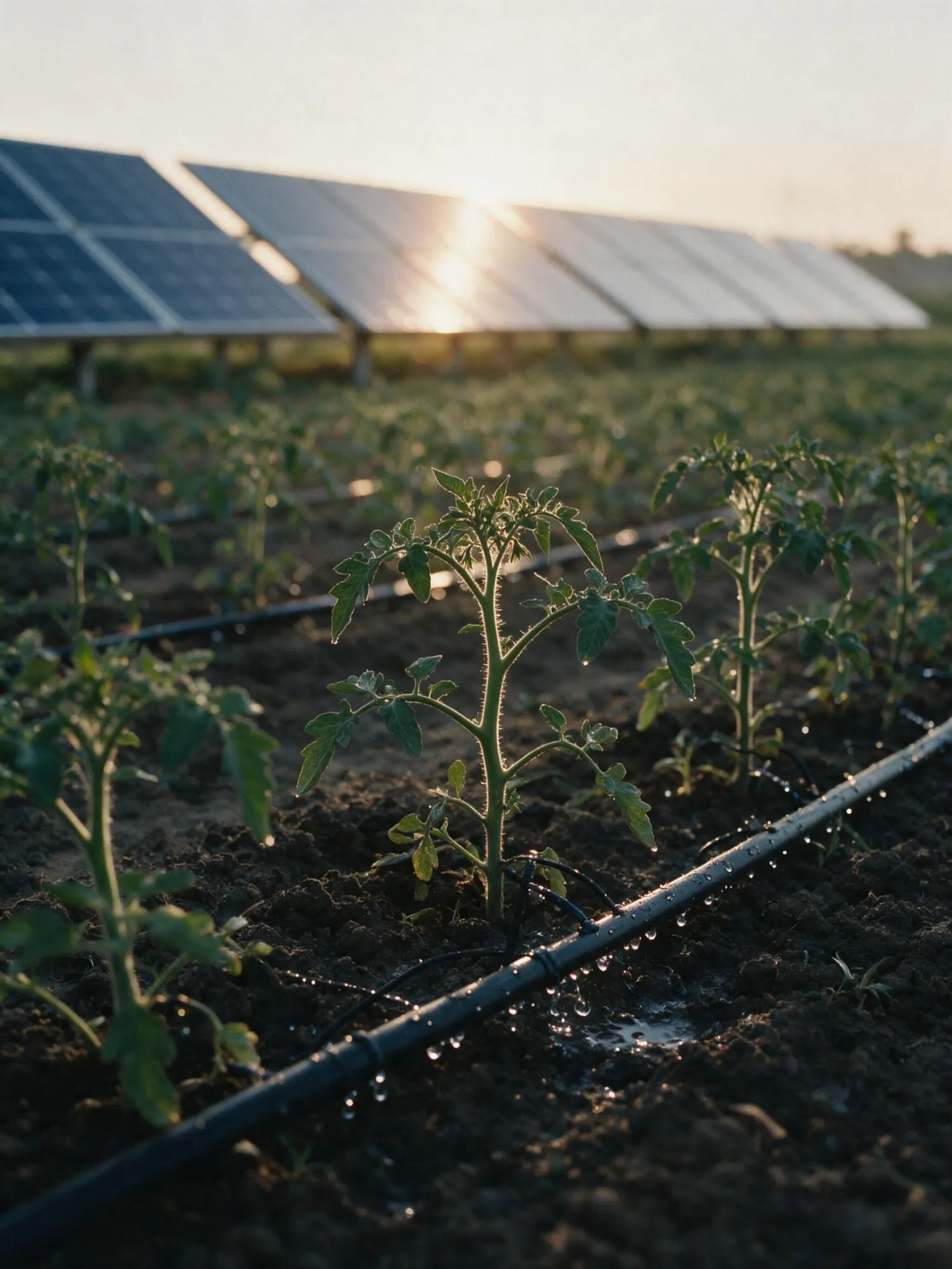 Drip irrigation lines between young tomato plants at dawn, with solar panels on the horizon