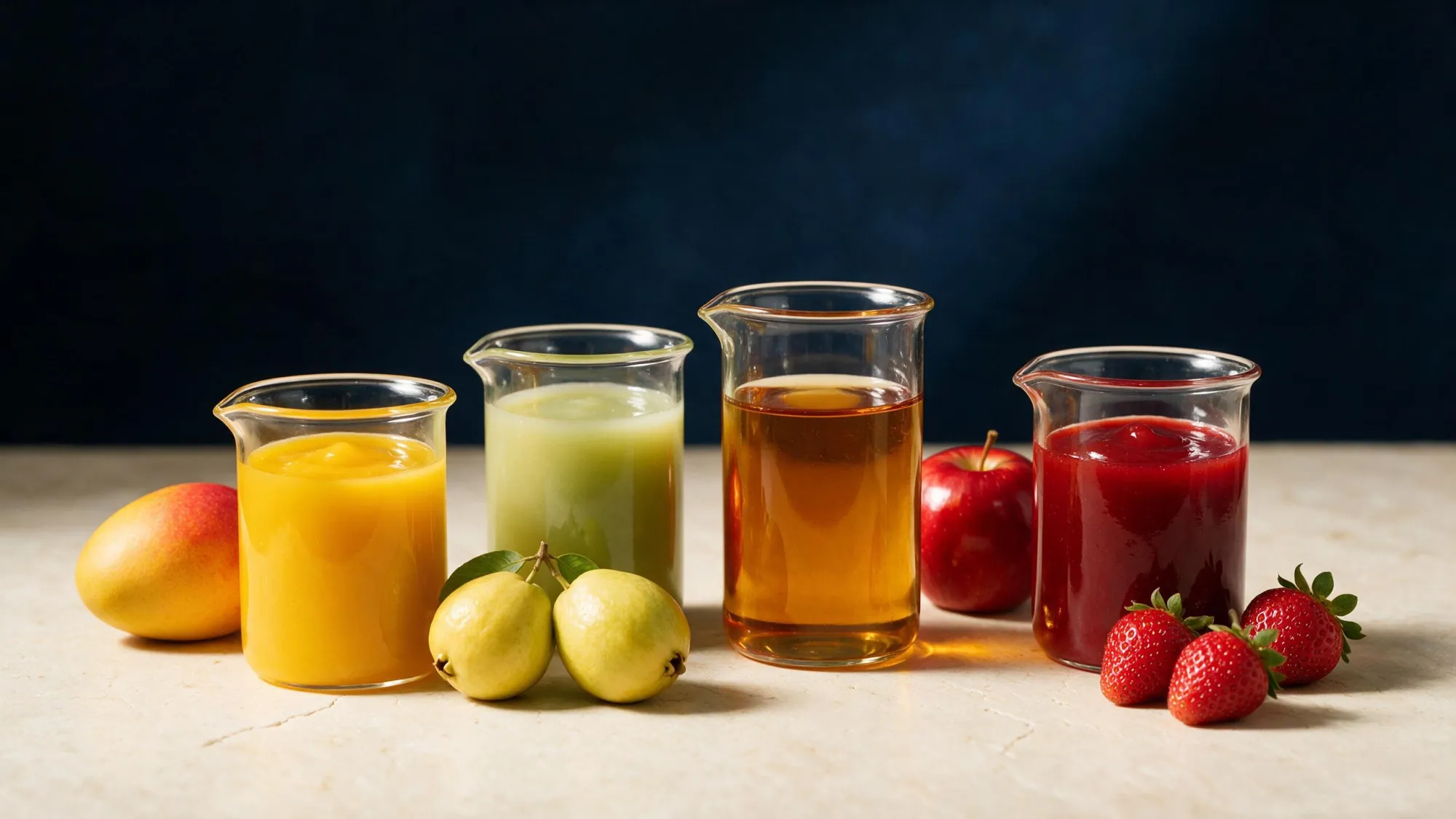 Fruit concentrates in glass beakers beside fresh fruit