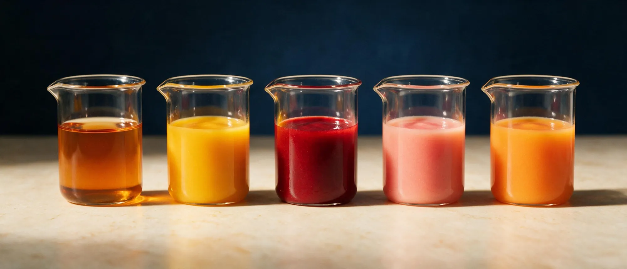 A row of fruit concentrates showing the colour range